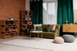 © Pixel-Shot - Stylish interior of living room with sofa near brick wall