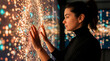 © Rendara Studio - Woman touching luminous digital data surface with both hands