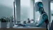 © VictorCanalesStudio - Ai android working at a desk, typing on keyboard and looking at monitor