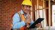 © Gayan - Positive Southeast Asian man construction inspector in yellow hard hat and orange safety vest holding a clipboard and giving a thumbs up at a building site with a red brick wall background.