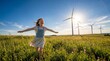 © Illustratorstock - Joyful girl runs with outstretched arms in a sunny field near wind turbines, embracing nature and a sustainable eco-friendly future.