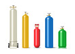 © Sensvector - Gas metal cylinders, tank bottles or containers of oxygen, propane and hydrogen. Vector LPG canisters set. Realistic barrels of compressed gas storage with argon, helium and nitrogen