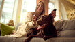 © master1305 - Dog receiving care on sofa at home from owner. Concept of pet care service advertising, dog grooming promotion, veterinary services marketing and responsible pet ownership content.