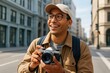© Who is Danny - Smiling young man enjoying photography as a hobby while exploring a city street with natural light and urban background in the morning. Ai generative