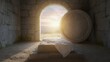 © NN AI - Empty tomb of Jesus Christ with stone rolled away at sunrise. Resurrection of Jesus on Easter morning. White linen shroud on stone burial slab in cave tomb