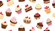 © MS - Delicious seamless pattern featuring an assortment of colorful cupcakes and cake slices decorated with fresh strawberries and cherries.