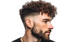 © Usama - Man with curly hair and beard shows temple fade haircut from side highlighting stylish grooming