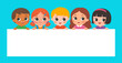 © yatate - Happy diverse preschool children peeking over a large blank banner, smiling together on a background.