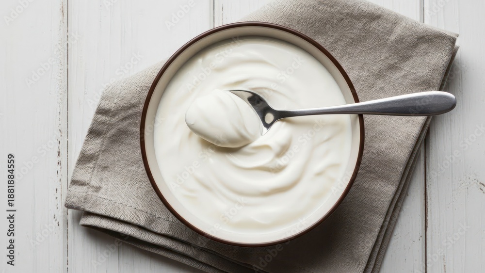 Creamy white dairy product in a bowl with a spoon. Wooden background