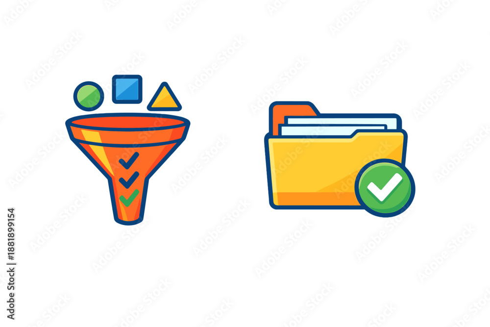 Flow chart and file folder icons show process and organization in data ...