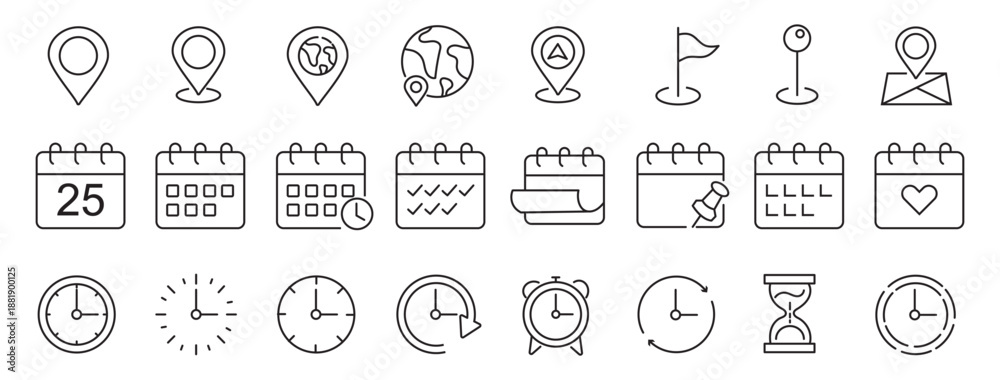 Time, date and location editable stroke outline icons set. Address line icons and navigation outline icons set. isolated on white background.