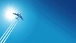 © Sylvia - Airplane soaring into a blue sky with white contrail, dramatic sunlight from below. mobility guides, transit brochures, designed for mobility and urban transit guides.