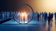 © designhunt - Human resources recruitment and talent search concept. Job hunting and candidate selection. Magnifying glass focusing on a group of figures with one central person glowing in golden light