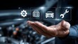 © Nail - Auto mechanic holding a wrench with digital car service icons. Concept: Car maintenance and servicing, automotive repair, vehicle inspection, insurance support.