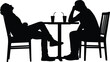 © Hello there - Two people silhouettes sitting at table in tense conversation, relationship conflict, breakup discussion, emotional stress and communication problem concept isolated on white