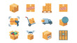 © Saqib GFX - Logistics and delivery icon set. Shipping box cargo package symbols. Flat style distribution. Warehouse freight transportation. Supply chain commerce. Cardboard storage signs.