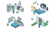 © Saqib GFX - Smart home automation set. Isometric vector scenes. Kitchen living room bedroom security. Internet of things devices. Wireless digital control. Connected household technology.