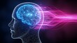 © designhunt - Artificial intelligence and human brain neural network. Machine learning and cognitive science. Silhouette of a human head with a glowing digital brain and data streaming behind