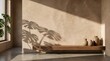© Morgan - Minimalist interior with natural textures,clay vases on wooden shelf,sunlight casting plant shadows on textured wall,calm aesthetic atmosphere