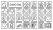© Maya - Customer feedback and reviews icons set. Thin line style collection of rating symbols including stars, thumbs up, hearts, faces, checkmarks, quality badges, and surveys for UI UX design.