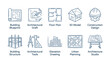 © Maya - Architecture icons set. Building blueprint. Architectural draft. Floor plan. 3D model. Construction design. Structure. Elevation drawing. Urban planning. Studio. Linear vector symbols.