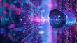 © Anton - 3D render of AI security camera with visible neural network layers emanating from lens, geometric data nodes, machine learning algorithm visualization, abstract tech background