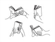 © Digital Designer - Simple hand holding open book icon set, Set continuous one line drawing of hands holding book. Education, reading concept style. vector illustration