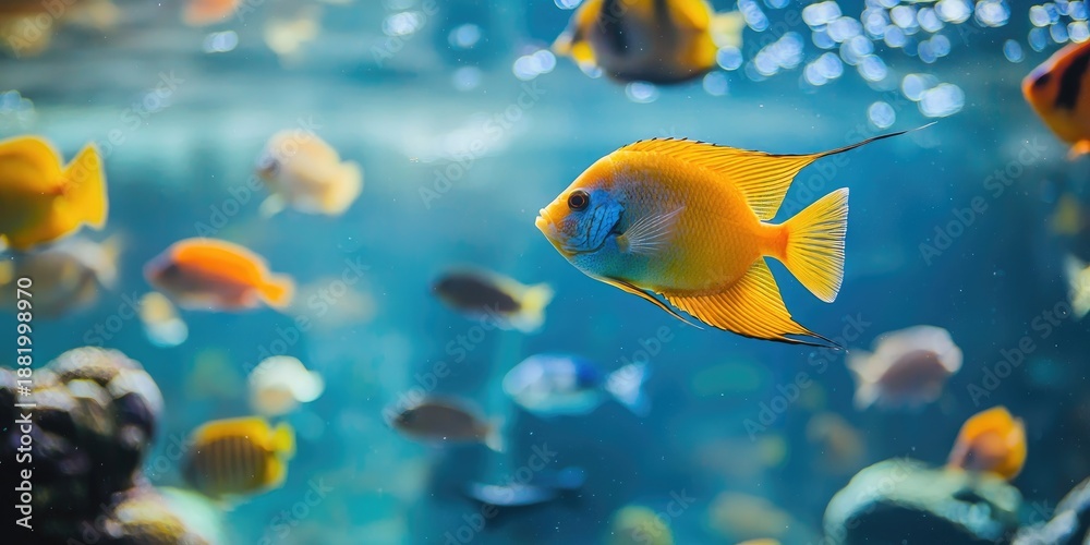 A vibrant aquarium scene with a variety of colorful fish swimming around a coral reef, with a blue background and a few rocks in the foreground.