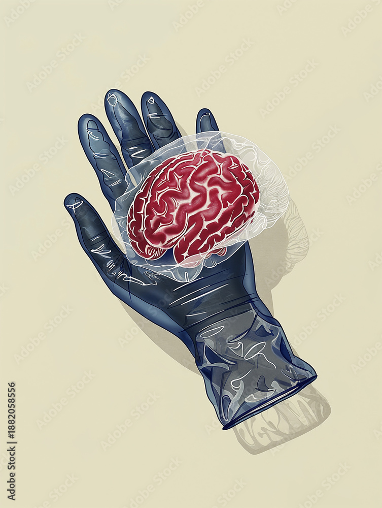 Gloved hand presents a stylized pink brain resting on palm with ...