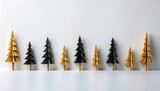 白い背景に並ぶ針葉樹林のミニマルコピースペース／Minimal Conifer Forest Aligned on White Background with Copy Space
