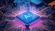 © jhon - Blue microchip with A I on circuit board with pink and orange lights computer hardware technology