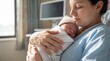 © Artem Zatsepilin - caucasian mother holding sleeping newborn baby in hospital room after birth. maternity, healthcare and family concept. website header, banner with copyspace.