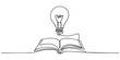 © Parboti - Light bulb above book continuous one line drawing, Opened book with light bulb in one continuous line drawing. Symbol of idea for business or schedule. one line Icon drawing