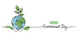 © FATNA - World environment day minimalist vector background with earth in hands and plant. One continuous line drawing. Poster, banner, background with lettering environment day.