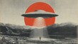 © crispy - Mysterious ufo retro style collage representing an unidentified flying object beaming on a lone man in a landscape. Sci-fi art for poster or album cover