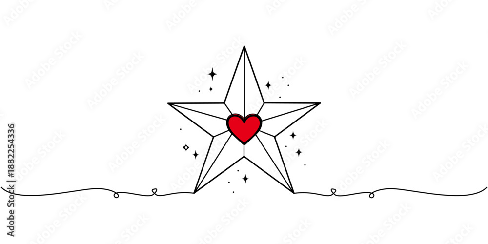Continuous one-line drawing of a star with a heart in the center, a heavenly love icon. Line art style vector illustration.