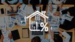 © InfiniteFlow - A top-down view of a business meeting focused on real estate market trends. Various documents, laptops, and charts surround a team collaborating on strategies. Raster