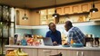 © DC Studio - African american people preparing delicious breakfast and drinking coffee, following online recipe on laptop. Getting ready to eat toast slices and croissants, healthy food.