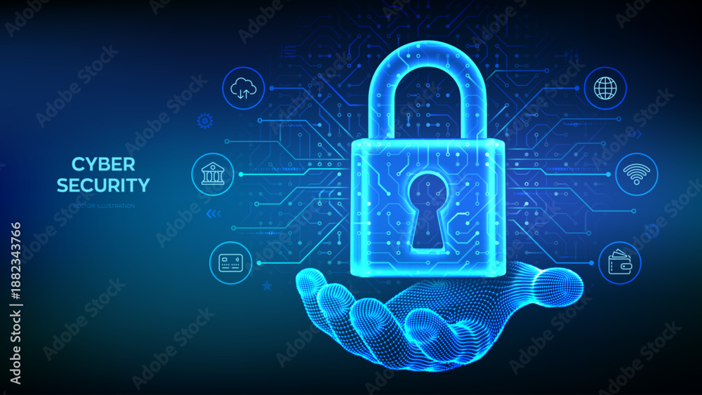Cyber security and data protection concept. Padlock with keyhole in wireframe hand. Information privacy idea. Network safety. Circuit board pattern. PCB printed circuit texture. Vector illustration.