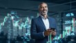 © Nexa - Confident mature businessman smiling while holding a smartphone with digital stock market charts and financial data in the background.