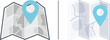 © reza - Vector icons of light grey and white folded paper maps with teal location pins. Features topographic terrain details and simplified street paths, separated by a vertical line.