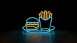 © Sourov943 - a brightly lit neon sign showcasing a classic burger and french fries combination on a reflective surface