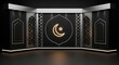 © Babul Hossin - Modern black and gold 3D virtual studio set with glowing crescent moon and star for Islamic broadcast programs