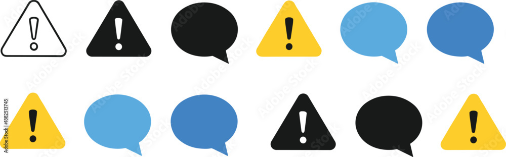 Modern warning triangle and speech bubble icon set for app ...