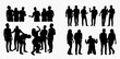 © Adji - Diverse collection of human silhouettes in various poses and interactions, representing people standing, talking, and gesturing in a group setting.