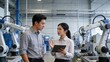 © li - Two people discussing in a robotic manufacturing facility