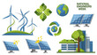 © Eko - Illustrations of renewable energy sources and eco-friendly practices for National Engineers Week in America, featuring solar panels, wind turbines, and a green building project with a