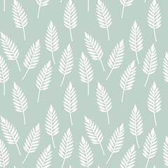  Seamless pattern of white fern leaves on pastel green background