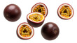 © Awan - Vibrant passion fruits, whole and halved, revealing golden pulp and seeds on white