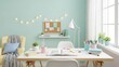© Ashley - Bright room setup white desk chair pastel décor corkboard yellow armchair books pens plants drawing lamp window garland